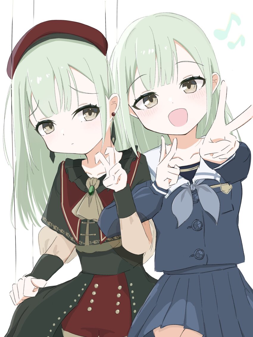 2girls animal_ears bang_dream! bang_dream!_it's_mygo!!!!! beret black_corset black_skirt blue_shirt blue_skirt commentary corset double_v dress green_hair grey_neckerchief hat highres locked_arms long_hair melty_lubll mortis_(bang_dream!) mortis_(costume)_(bang_dream!) mortis_(persona)_(bang_dream!) multiple_girls musical_note neckerchief puppet_strings red_hat red_shorts school_uniform shirt shorts simple_background skirt skirt_hold tsukinomori_school_uniform v wakaba_mutsumi white_background yellow_eyes
