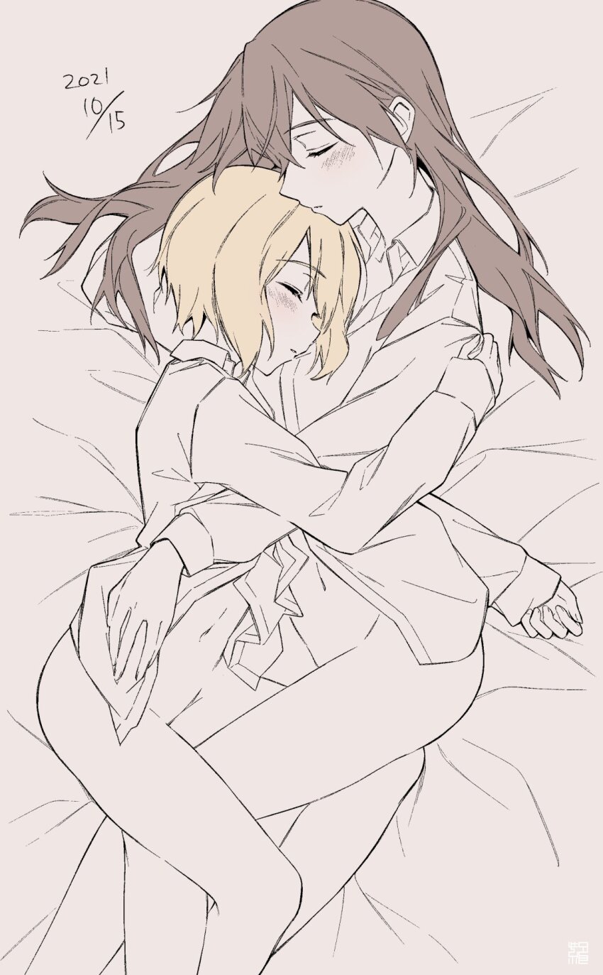 2girls blonde_hair blush brown_hair closed_eyes commentary_request erica_hartmann feet_out_of_frame gertrud_barkhorn hair_down highres hug jacket long_hair lying military_uniform monochrome multiple_girls no_pants on_bed saki_hajime short_hair sleeping strike_witches world_witches_series yuri