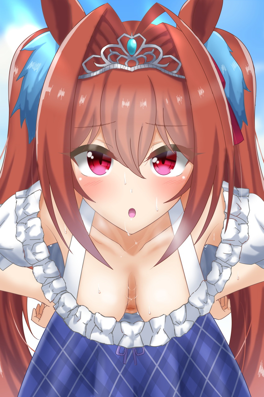 1girl animal_ears blush breasts brown_hair cloud daiwa_scarlet_(umamusume) downblouse extended_downblouse hands_on_own_hips hanging_breasts horse_ears horse_girl katsuragi_b_k large_breasts leaning_forward long_hair looking_at_viewer navel no_bra open_mouth outdoors red_eyes sky solo standing sweat textless_version umamusume view_between_breasts