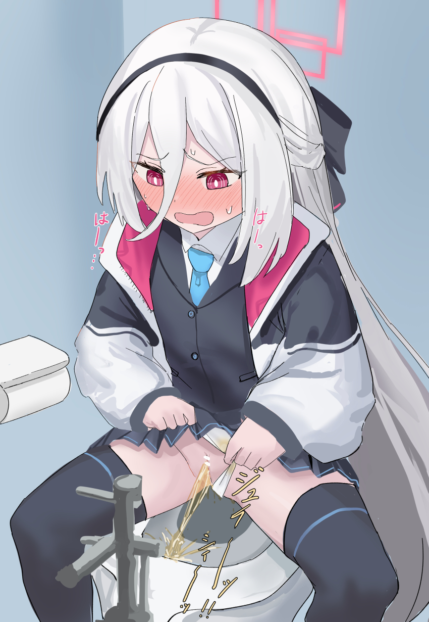 1girl bar_censor bathroom black_jacket black_ribbon black_skirt black_thighhighs blue_archive blue_necktie blush censored clothes_lift clothing_aside flat_chest hair_ribbon hairband halo heavy_breathing ikasumi_pasta jacket kei_(blue_archive) loli long_hair long_sleeves looking_down necktie open_clothes open_jacket open_mouth panties panties_aside pee_stain peeing pink_eyes pointless_censoring pussy relief ribbon school_uniform shirt sitting skirt skirt_lift sound_effects spread_legs stained_panties sweat thighhighs toilet toilet_paper toilet_use underwear wet wet_clothes wet_panties white_hair white_jacket white_panties white_shirt