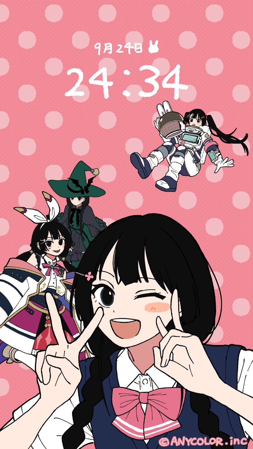 1girl :d absurdres animal_ear_hairband animal_ear_helmet animal_ears animal_helmet astronaut black_eyes black_hair blue_sweater_vest blush_stickers bow bowtie clock coalowl coat collared_shirt commentary_request copyright_notice digital_clock double_v fake_animal_ears fake_phone_screenshot fake_screenshot flat_color green_hat hair_ornament hair_over_shoulder hairband hairpin hands_up hat helmet highres holding holding_unworn_helmet long_hair looking_at_viewer low_twintails multiple_costumes multiple_views nijisanji off_shoulder official_art one_eye_closed open_clothes open_coat open_mouth pink_background pink_bow pink_bowtie polka_dot polka_dot_background rabbit_ear_hairband rabbit_ears second-party_source shirt smile space_helmet spacesuit sweater_vest teeth tsukino_mito tsukino_mito_(astronaut) tsukino_mito_(jk_gumi_fantasy) tsukino_mito_(summer_uniform) tsukino_mito_(witch) twintails unworn_headwear unworn_helmet upper_teeth_only v variant_set virtual_youtuber white_coat white_shirt witch witch_hat