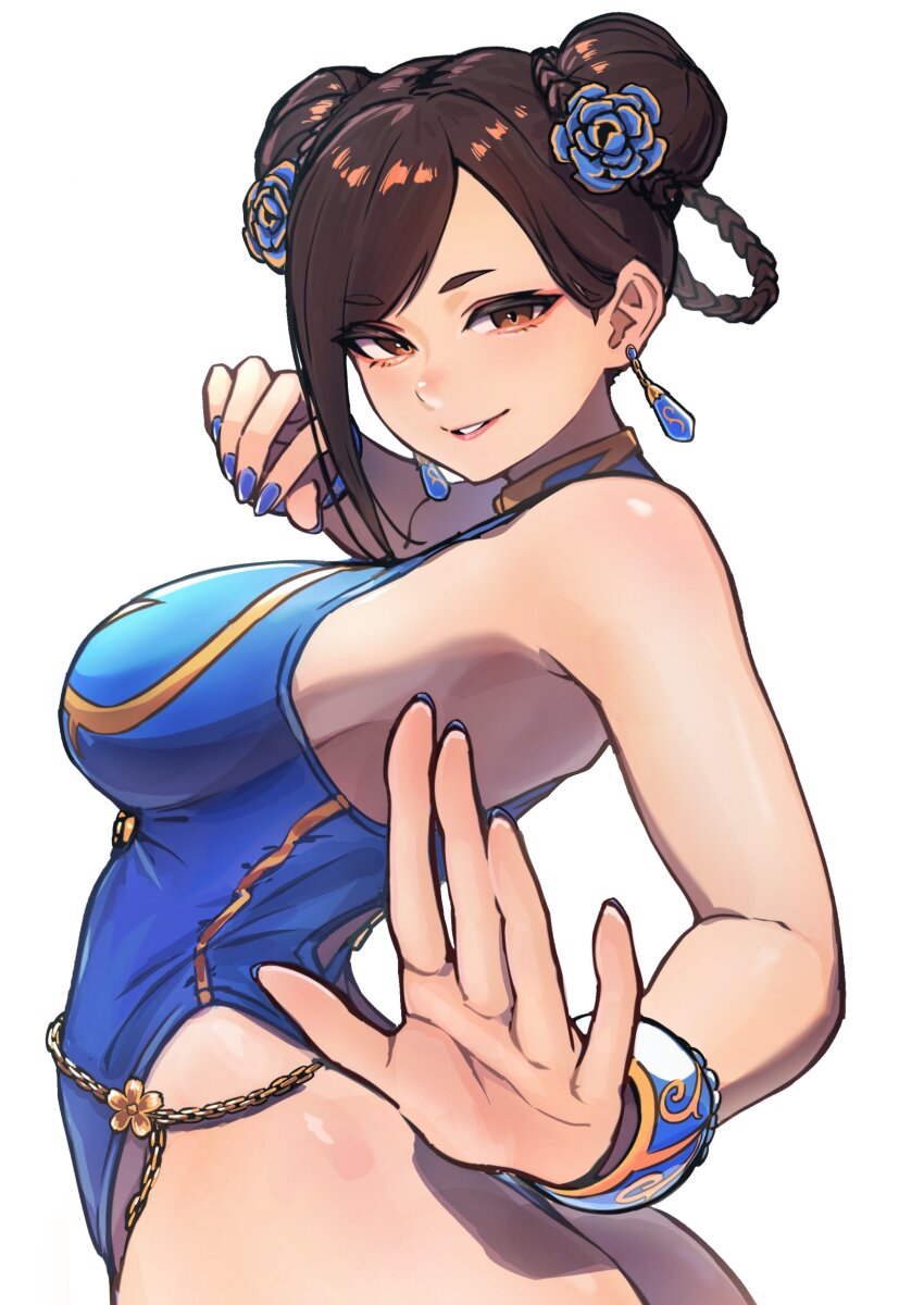 1girl absurdres alternate_costume ap_cammy ass bare_shoulders belly_chain blue_flower blue_nails blue_one-piece_swimsuit bracelet braid breasts brown_eyes brown_hair capcom chun-li commentary_request curvy double_bun earrings eyeliner fighting_stance flower from_side hair_bun hair_flower hair_ornament highleg highleg_one-piece_swimsuit highres huge_ass jewelry large_breasts looking_at_viewer makeup nail_polish official_alternate_costume one-piece_swimsuit open_hand parted_lips red_eyeliner shiny_skin solo street_fighter street_fighter_6 swimsuit upper_body white_background wide_hips