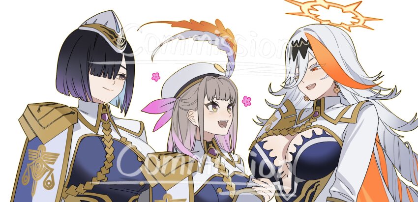 3girls :d baldr_(fire_emblem_heroes) black_hair breasts brown_eyes brown_hair cape cleavage closed_mouth commentary commission dr_metagross drill_hair english_commentary eyelashes fire_emblem fire_emblem_heroes gradient_hair grey_hair hair_over_one_eye halo hat hat_feather heterochromia highres hodr_(fire_emblem) large_breasts long_hair long_sleeves looking_at_another medium_breasts multicolored_hair multiple_girls nintendo open_mouth orange_eyes orange_hair orange_halo pink_hair purple_hair short_hair siblings sisters smile teeth two-tone_hair upper_body vali_(fire_emblem) very_long_hair white_background white_hat yellow_eyes