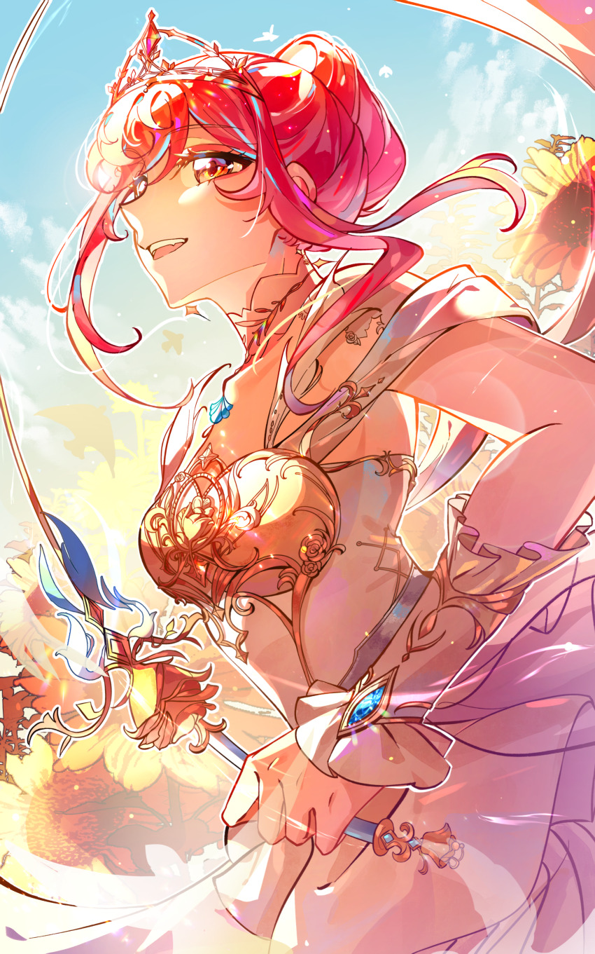 1girl absurdres bare_shoulders blue_sky brown_eyes chinese_commentary cloud collar commentary_request cowboy_shot detached_collar dress earrings eyelashes eyeshadow fang feather-trimmed_dress field flower flower_field frilled_arm_warmers hair_bun happy highres holding holding_sword holding_weapon infinity_nikki jewelry light_particles looking_at_viewer makeup melody_bloom_(infinity_nikki) nikki_(nikki) nikki_(series) off-shoulder_dress off_shoulder open_mouth outdoors outline pink_eyeshadow pink_hair pleated_dress pointy_nose rapier short_hair_with_long_locks short_sleeves sidelocks single_hair_bun sky smile solo standing sunflower sunflower_field sunrise sword teeth tiara updo upper_teeth_only wavy_hair weapon white_arm_warmers white_collar white_dress white_outline yellow_flower zhaozhaobai