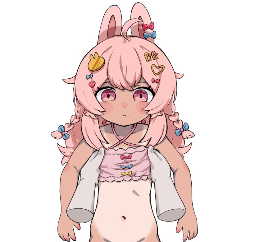 1girl 1other :3 ahoge animal_ears blue_bow bottomless bow braid closed_mouth confused crossed_bangs disembodied_hand dot_nose ear_bow flat_chest h@nk hair_bow hair_ornament hairpin highres lifting_person loli long_hair multiple_hairpins phase_connect pink_eyes pink_hair pov rabbit_ears rabbit_girl red_bow simple_background solo_focus strapless tan tube_top twin_braids virtual_youtuber white_background