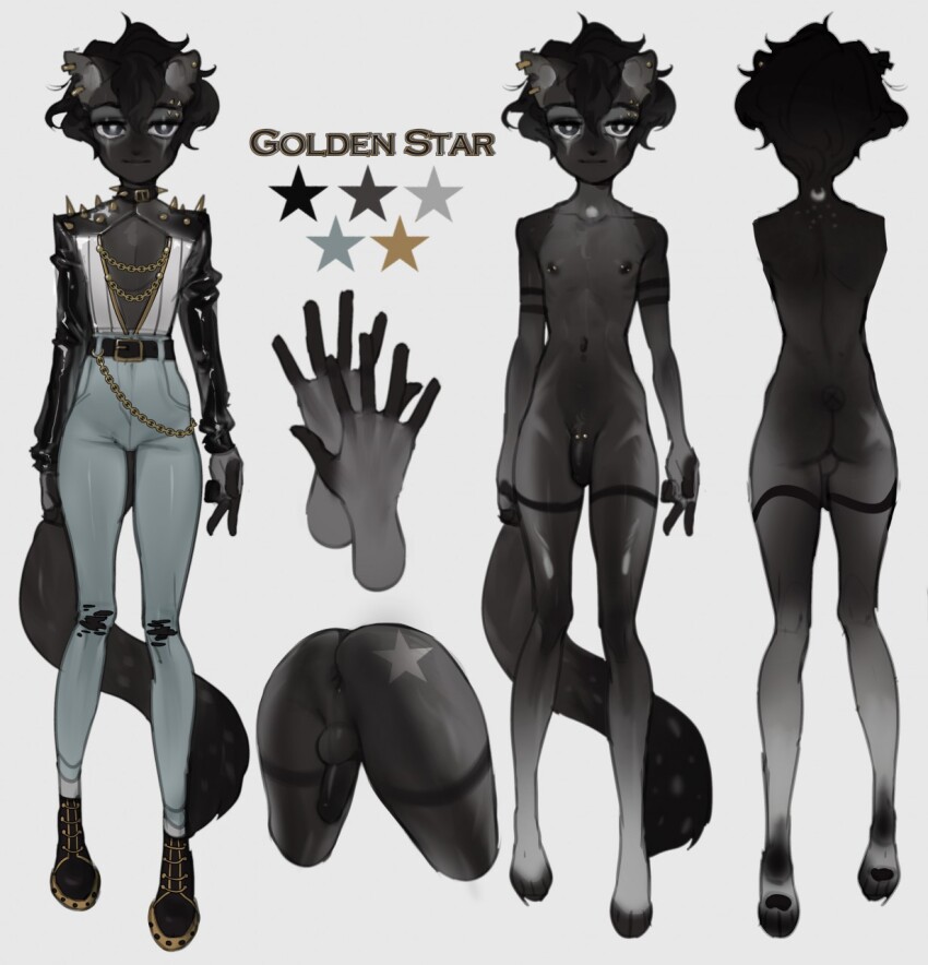 1boy animal_ears anus arms_at_sides ass black_hair cat_boy cat_ears cat_tail earrings full_body furry furry_male grey_pants highres jewelry long_sleeves looking_at_viewer male_focus original pants penis penis_piercing piercing pita-potato short_hair standing star_(symbol) tail testicles trap white_background