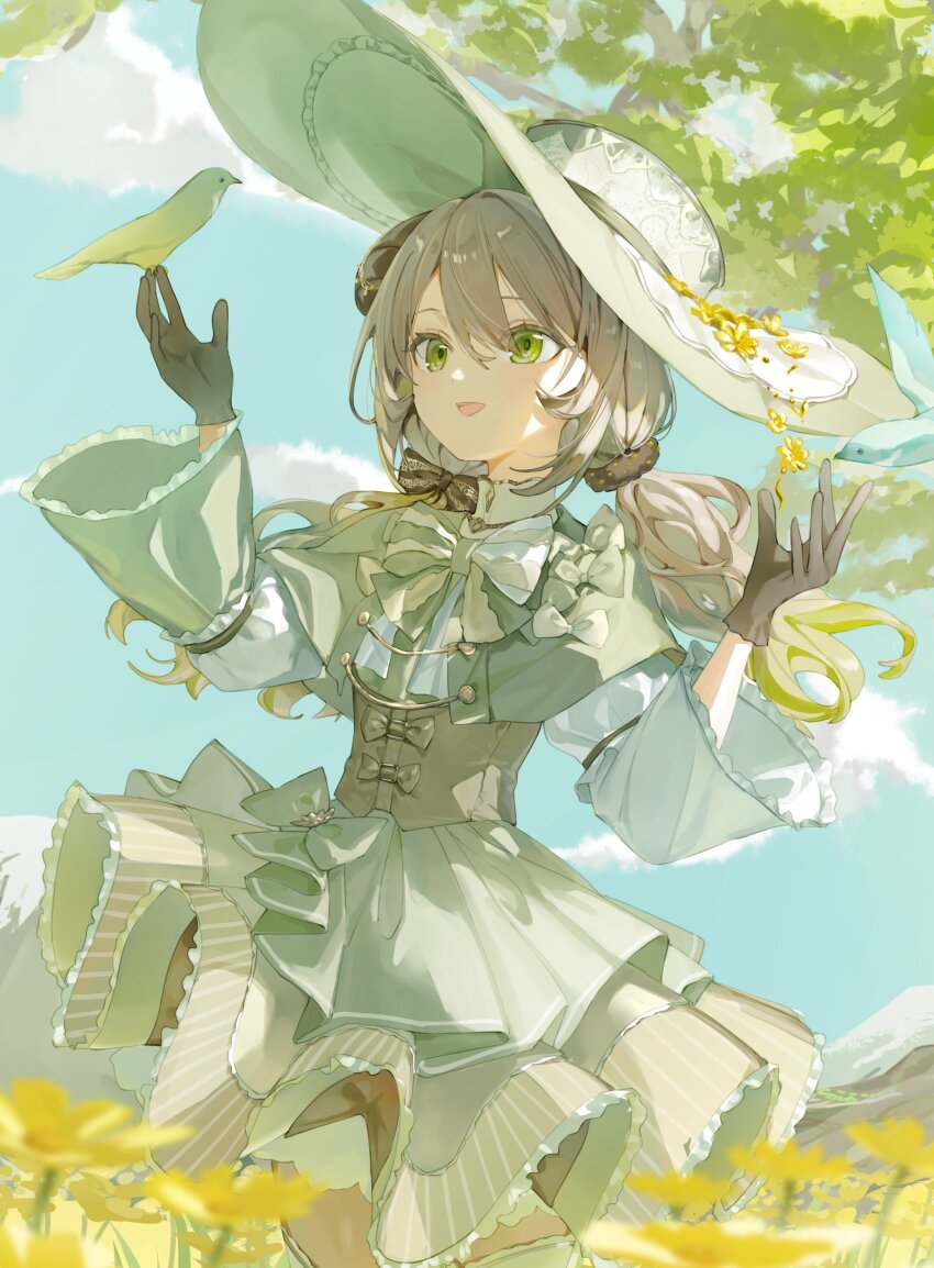 1girl absurdres animal bird bird_on_hand black_gloves blue_sky bow brown_bow brown_corset brown_scrunchie capelet cloud commission corset dress flower gloves green_capelet green_dress green_eyes grey_hair hair_bow hair_ornament hair_scrunchie hashtag-only_commentary hat highres indie_virtual_youtuber large_hat layered_dress long_hair low_twintails mili_mirror multicolored_dress open_mouth roena scrunchie skeb_commission sky solo twintails virtual_youtuber white_dress white_hat wide_brim yellow_flower