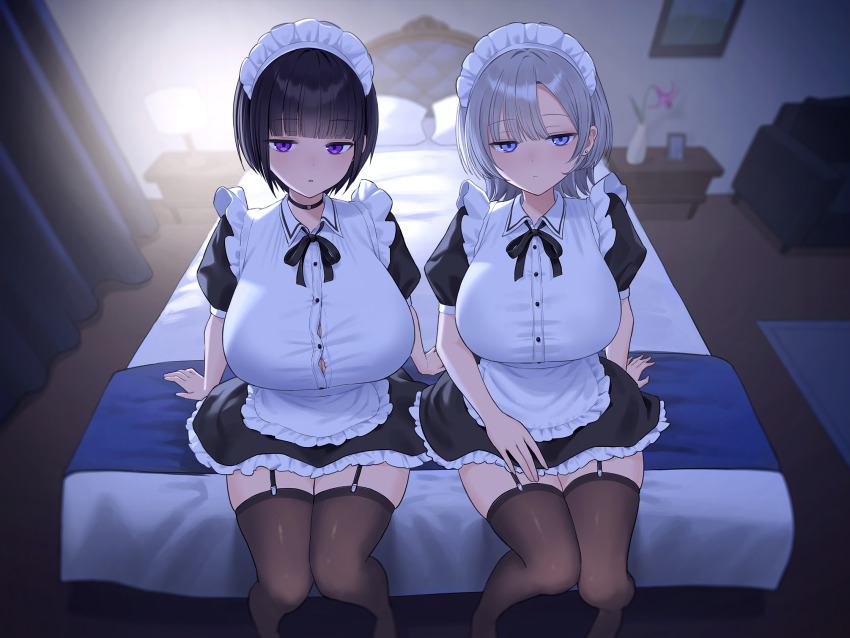 2girls apron bed bed_sheet black_choker black_dress black_garter_straps black_hair black_thighhighs blue_eyes blunt_bangs breasts bursting_breasts choker curtains dress expressionless flower garter_straps grey_hair highres huge_breasts indoors jfjf lamp large_breasts maid maid_apron maid_headdress multiple_girls on_bed orchid original picture_frame pillow purple_eyes rug short_hair short_sleeves sitting thighhighs vase