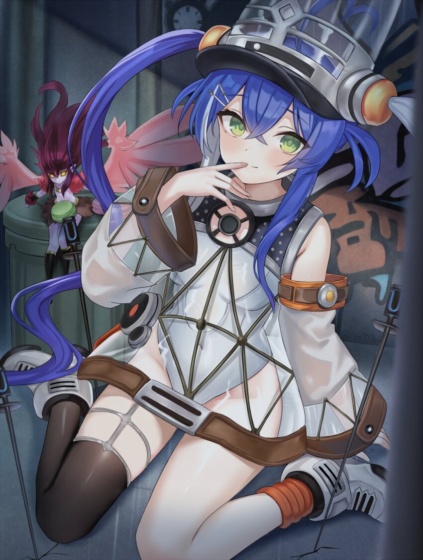 2girls black_thighhighs blue_hair blush bra breasts character_request clock commentary_request cum cum_in_mouth detached_sleeves dress duel_monster full_body garter_straps graffiti green_eyes hair_between_eyes hat highres kewl_tune_cue leotard long_sleeves looking_at_viewer medium_breasts multiple_girls see-through_clothes see-through_dress see-through_sleeves shoes single_thighhigh sitting smile solo thighhighs underwear wariza white_bra white_leotard white_shoes yu-gi-oh! zen77766