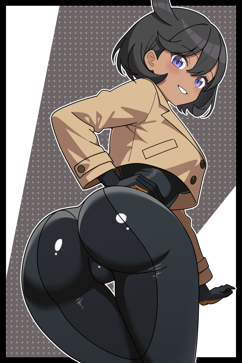 1girl absurdres ass black_bodysuit black_border black_gloves black_hair bodysuit border brown_coat coat commentary_request commission cowboy_shot dark-skinned_female dark_skin emma_(pokemon) from_behind gloves hand_on_own_hip highres long_sleeves looking_at_viewer nintendo odorukaminoke outline outside_border pixiv_commission pokemon pokemon_legends:_z-a purple_eyes short_hair smile solo white_outline