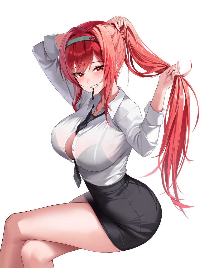 1girl 4q_(lokcy516) absurdres between_breasts black_necktie bra_visible_through_clothes breasts button_gap commentary_request goddess_of_victory:_nikke green_hairband grin hair_tie_in_mouth hairband high_ponytail highres large_breasts long_hair looking_at_viewer mouth_hold necktie necktie_between_breasts pencil_skirt ponytail rapi_(nikke) red_eyes red_hair shirt simple_background skirt smile solo very_long_hair white_background white_shirt
