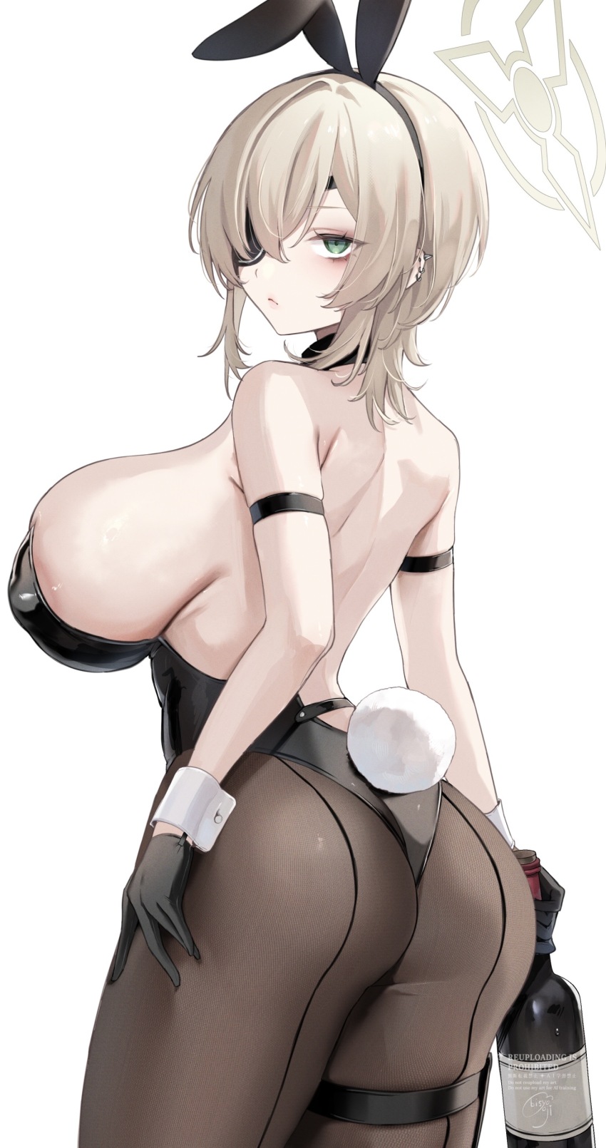 1girl absurdres animal_ears ass back bare_back bare_shoulders bishooji black_gloves black_leotard blue_archive blue_eyes bottle breasts brown_hair brown_pantyhose eyepatch fake_animal_ears fake_tail from_behind gloves green_eyes grey_halo hair_over_one_eye halo highres holding holding_bottle large_breasts leotard looking_at_viewer pantyhose rabbit_ears rabbit_tail short_hair sideboob solo suou_(blue_archive) tail
