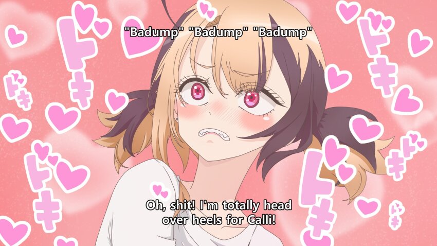 1girl blush brown_hair commentary derivative_work english_commentary english_text eyelashes fake_screenshot furrowed_brow gigi_murin heart heart_background highres hololive hololive_english multicolored_hair parted_lips pink_background pink_eyes scene_reference screenshot_redraw sharp_teeth shirt short_hair soda_pop3423 sono_bisque_doll_wa_koi_wo_suru subtitled teeth twintails two-tone_hair upper_body virtual_youtuber white_shirt yuri