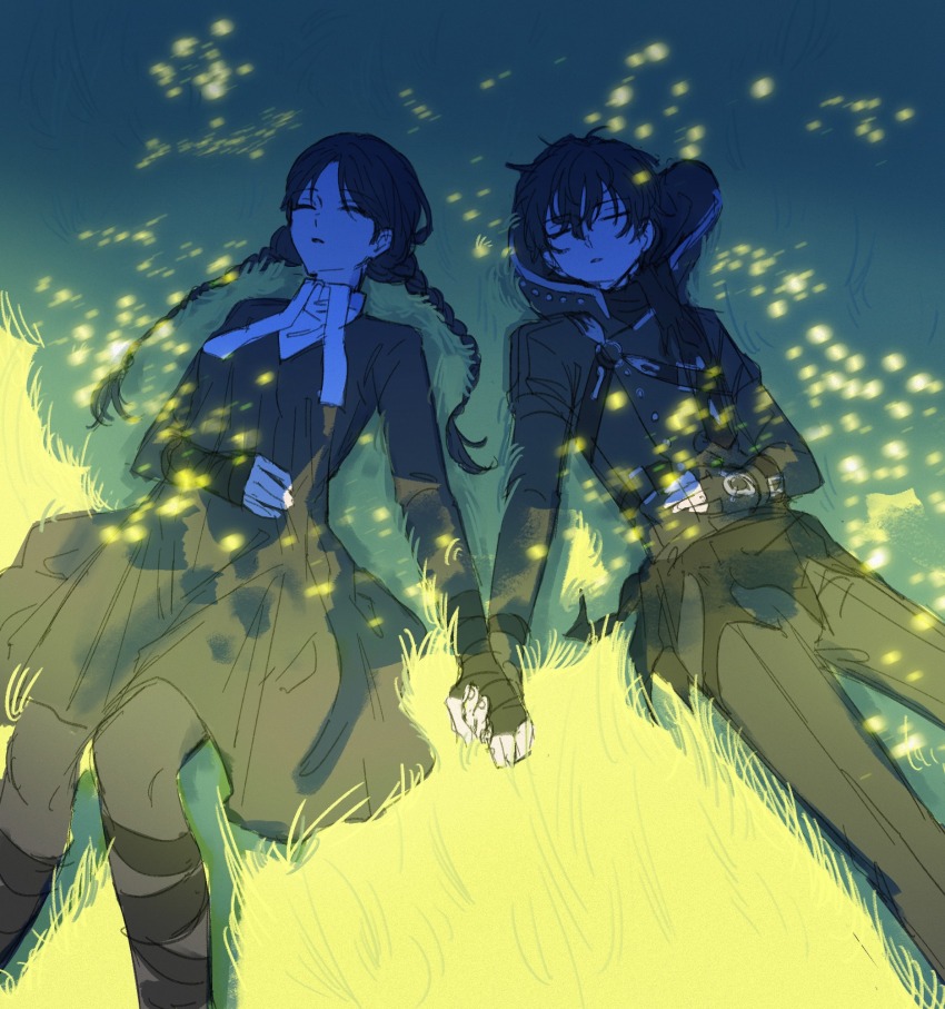 1boy 1girl arm_wrap baixiang1234567 chest_belt commentary dress fate/strange_fake fate_(series) fingerless_gloves fireflies gloves highres holding_hands hood hoodie leg_wrap long_hair long_sleeves low_twintails lying no_name_assassin_(fate) on_back on_grass pantyhose parted_lips short_hair sigma_(fate) sleeping sunlight twintails
