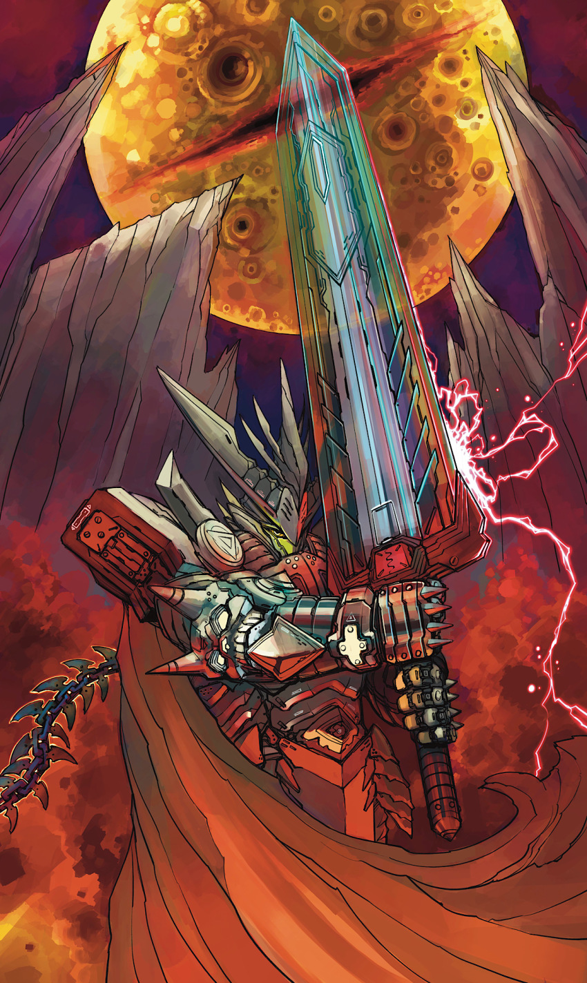 cape commentary_request electricity highres holding holding_sword holding_weapon mecha mechanical_tail no_humans original bad_tag planet red_cape ringed_eyes robot science_fiction smoke standing super_robot sword tail weapon yamanushi yellow_eyes