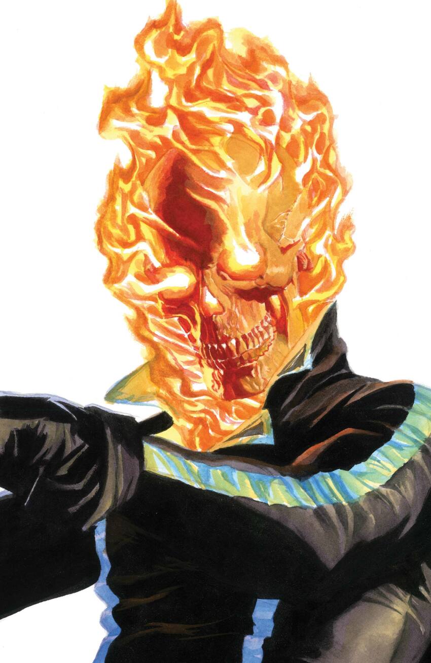 1boy absurdres alex_ross black_gloves black_jacket comic_cover cover cover_page fire flaming_head flaming_skull ghost_rider ghost_rider_(series) gloves highres jacket leather leather_jacket looking_at_viewer male_focus marvel official_art skull skull_head solo upper_body western_comics_(style) white_background white_trim