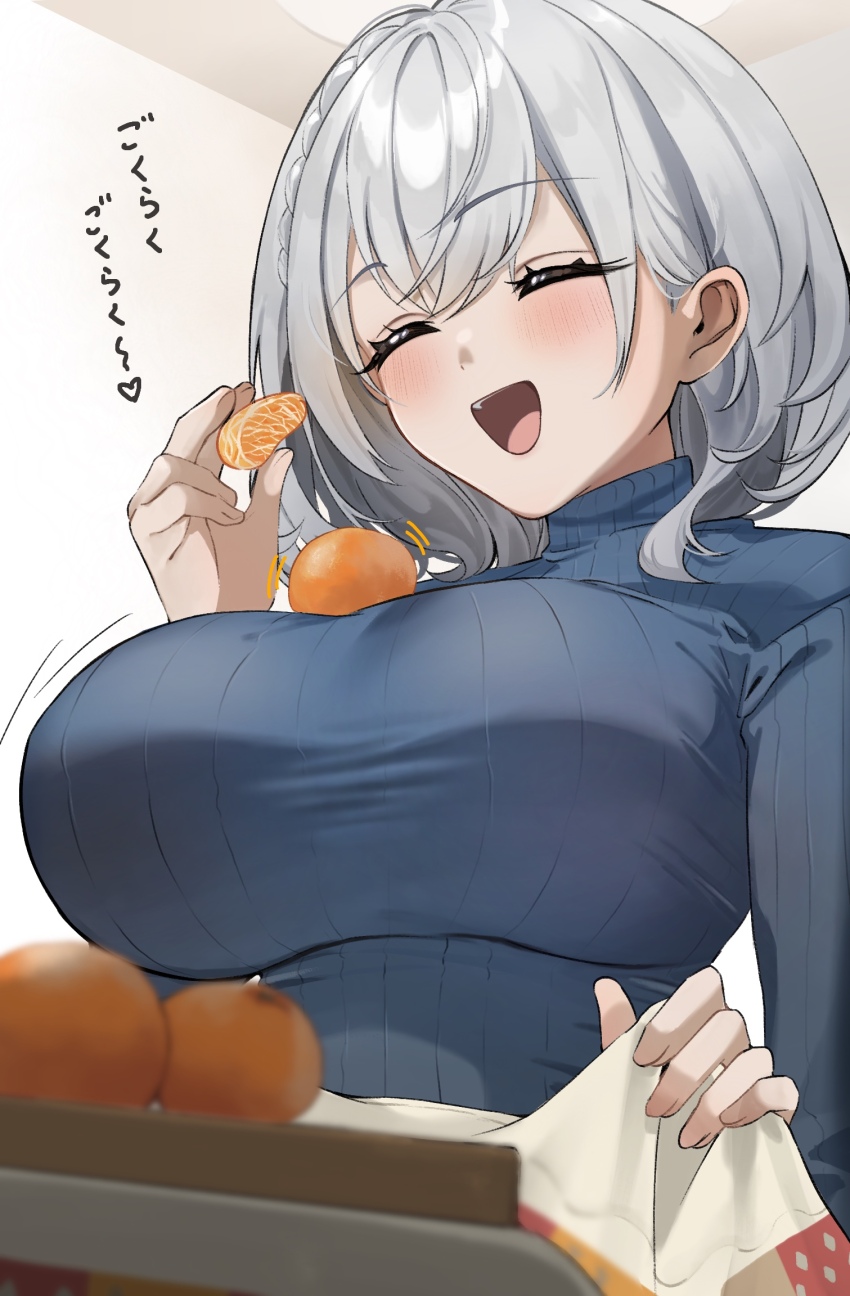 1girl alternate_costume arainekozz blue_sweater blush braid breasts closed_eyes eating food food_on_body food_on_breasts fruit grey_hair highres holding holding_food holding_fruit hololive indoors kotatsu large_breasts long_sleeves open_mouth orange_(fruit) ribbed_sweater shirogane_noel short_hair single_braid smile solo sweater table turtleneck turtleneck_sweater under_kotatsu under_table upper_body virtual_youtuber