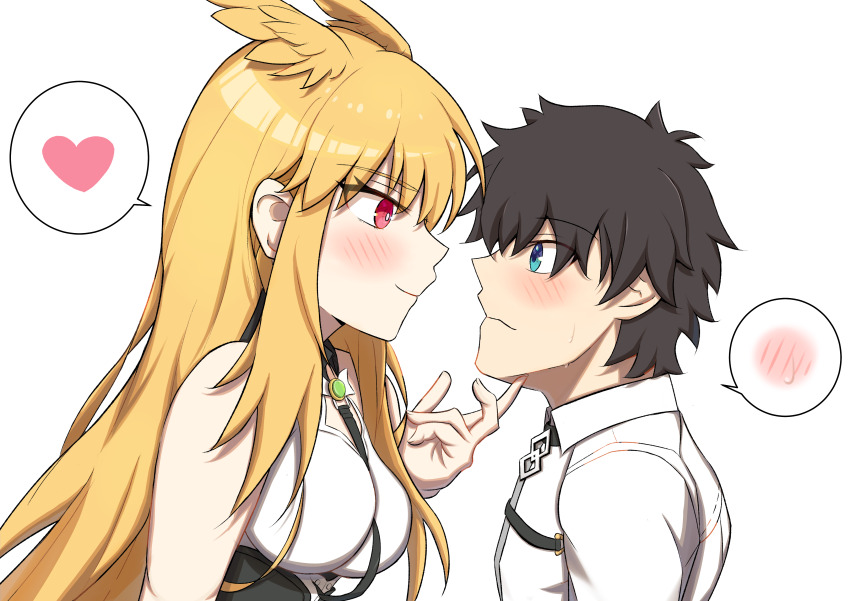 1boy 1girl absurdres bare_shoulders black_hair blonde_hair blue_eyes blush breasts caravthir fate/grand_order fate_(series) fujimaru_ritsuka_(male) hand_on_another's_chin head_wings heart highres large_breasts red_eyes sweatdrop thrud_(fate) valkyrie_(fate) wings