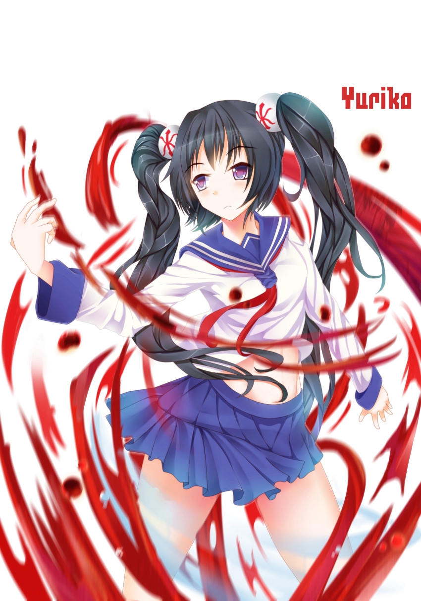 1girl abs absurdres aircctzillie asian black_hair blood blue_eyes blue_sailor_collar blue_skirt character_name command_&amp;_conquer command_&amp;_conquer:_red_alert command_&amp;_conquer:_red_alert_3 english_text hair_tie hemokinesis highres long_hair looking_to_the_side midriff miniskirt neckerchief red_neckerchief sailor_collar school_uniform shirt skirt solo standing telekinesis thighs twintails very_long_hair white_background wind wind_lift yuriko_omega
