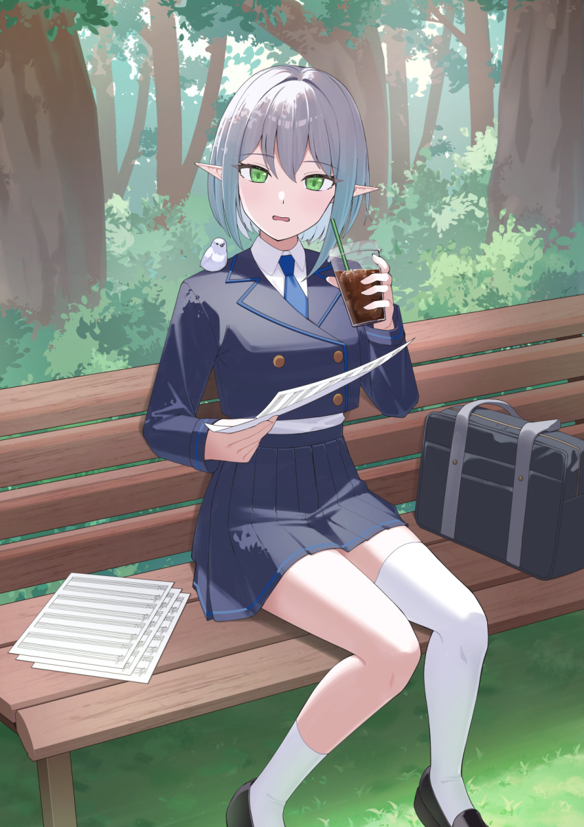 1girl animal animal_on_shoulder asymmetrical_legwear bench bird bird_on_shoulder black_bag black_jacket black_shoes black_skirt blue_necktie breasts buttons collared_shirt commentary_request cropped_jacket cup disposable_cup double-breasted drinking_straw formal_clothes fukujin green_eyes grey_hair highres holding holding_cup holding_paper ice ice_cube jacket loafers looking_at_viewer medium_breasts miniskirt necktie on_bench open_mouth original outdoors paper park_bench pleated_skirt pointy_ears shirt shoes short_hair sitting skirt socks solo suit thighhighs uneven_legwear white_bird white_shirt white_socks white_thighhighs