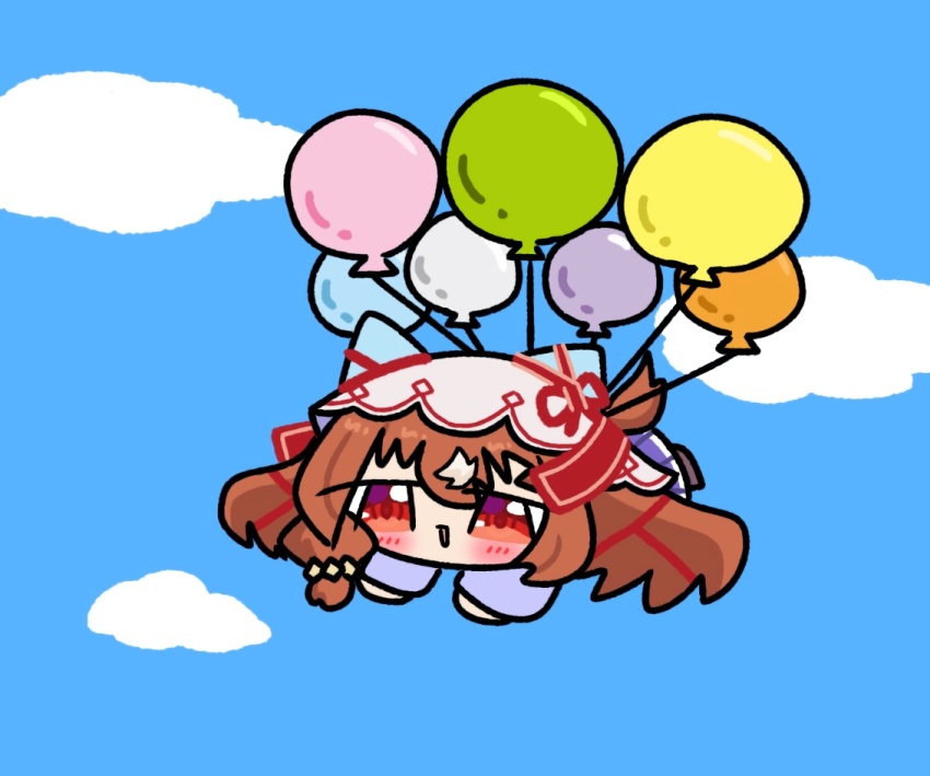 1girl animal_ears asymmetrical_hair balloon blush brown_hair chibi cloud cloudy_sky commentary_request ehuda3000 flying full_body horse_ears horse_girl horse_tail long_hair open_mouth pleated_skirt red_eyes school_uniform skirt sky smile solo still_in_love_(umamusume) tail tracen_school_uniform umamusume veil