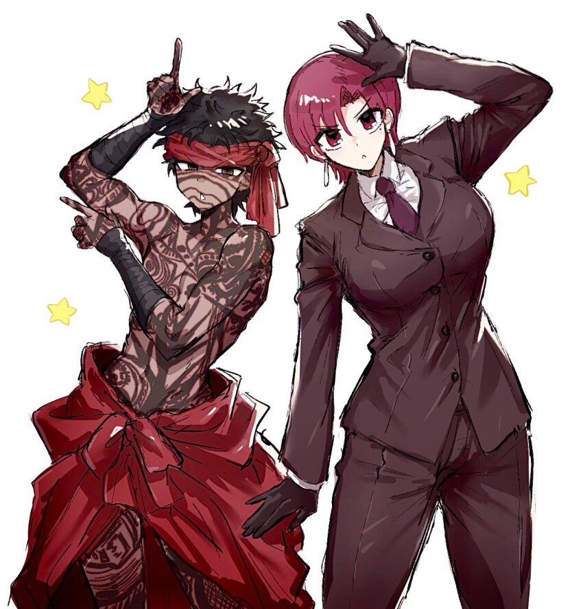 1girl angra_mainyu_(fate) arm_up bad_tag bandaged_arm bandages bazett_fraga_mcremitz black_gloves black_hair breasts brown_eyes buttons closed_mouth cowboy_shot earrings fate/hollow_ataraxia fate_(series) formal_clothes full-body_tattoo gloves hairband highres ioiwaa jewelry large_breasts looking_at_viewer mole mole_under_eye necktie pants parted_lips pink_hair purple_necktie purple_pants purple_suit red_eyes red_hairband red_skirt shirt sketch skirt star_(symbol) suit tattoo triangle_mouth white_shirt wing_collar