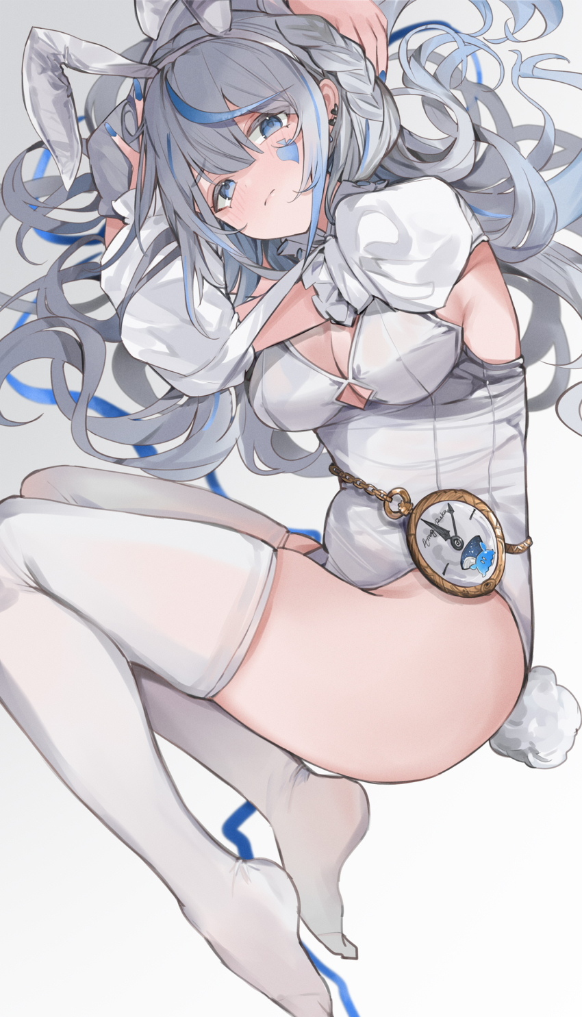 1girl absurdres alternate_costume amagai_ruka animal_ears appleseed_(appleseed_art) ass blue_eyes blue_hair blue_nails blush braid breasts chain clock commentary detached_sleeves ear_piercing fake_animal_ears grey_hair head_on_hand highres juliet_sleeves large_breasts leotard long_hair long_sleeves looking_at_viewer men_(amagai_ruka) multicolored_hair nail_polish piercing playboy_bunny puffy_sleeves rabbit_ears rabbit_tail short_sleeves tail thighhighs thighs virtual_youtuber weather_planet white_leotard white_thighhighs