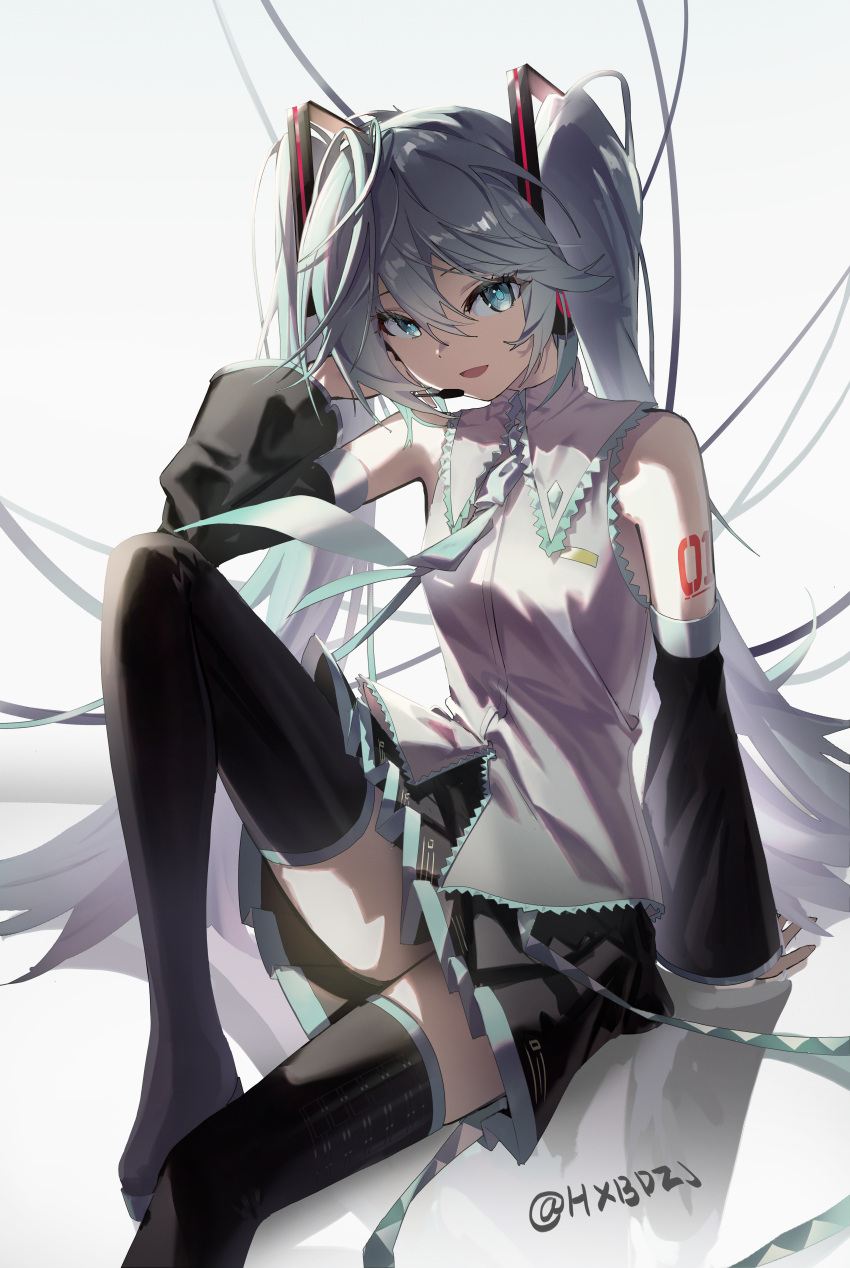1girl absurdres black_boots black_skirt boots commentary green_eyes green_hair green_necktie grey_shirt hair_between_eyes hatsune_miku highres hxbdzj necktie original shirt skirt sleeveless sleeveless_shirt solo thigh_boots thighs twintails