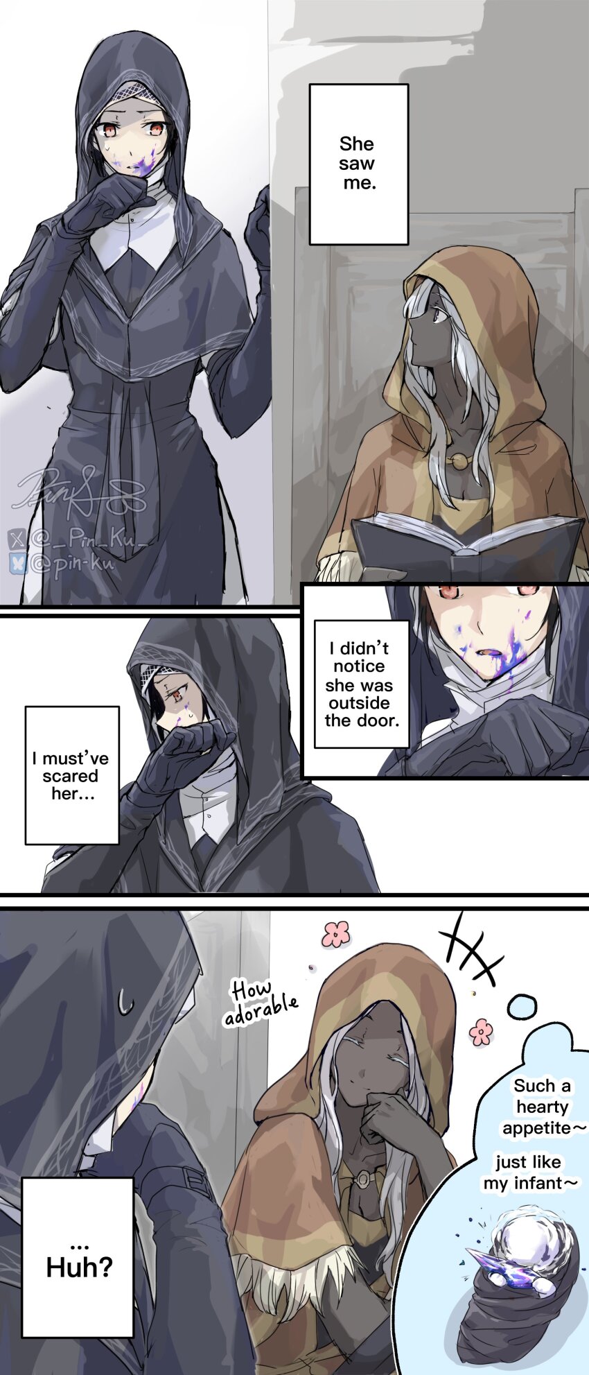 2girls absurdres baby black_bodice black_gloves black_hood black_skin breasts brown_hood cleavage closed_mouth coif colored_skin commentary dark-skinned_female dark_skin elden_ring elden_ring_nightreign english_commentary english_text gloves hand_on_own_cheek hand_on_own_face highres jewelry large_breasts long_hair looking_at_another looking_up multiple_girls necklace nun open_mouth pin.s purple_eyes recluse_(elden_ring) red_eyes signature sitting smile sweatdrop twitter_username undertaker_(elden_ring) very_dark_skin white_coif white_hair wiping_face wiping_mouth witch