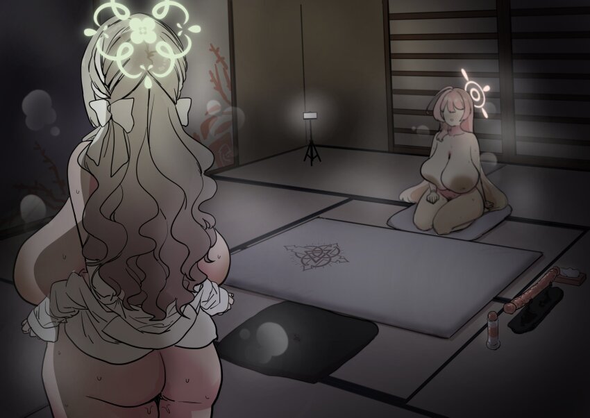 2girls ahoge ass backboob bed blue_archive bow breasts breasts_on_lap brown_hair butt_crack dildo faceless from_behind hair_bow halo hanako_(blue_archive) huge_breasts japanese_house long_hair lube_bottle miyo_(blue_archive) multiple_girls naked_shirt nipples panties pink_hair pink_panties removing_shirt rugarer sagging_breasts seiza sex_toy shirt sitting standing suisogenshi sweat tatami tissue_box topless_female underwear undressing wavy_hair white_bow white_shirt yuri