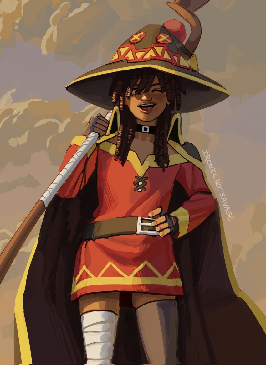 1girl alternate_hairstyle alternate_skin_color asymmetrical_legwear bandaged_leg bandages black_cape black_choker black_hat brown_hair cape choker cloud cloudy_sky commentary cowboy_shot dark-skinned_female dark_skin darkened_skin dress english_commentary fingerless_gloves gloves hand_on_own_hip hat highres holding holding_staff ironicnotsavage kinky_hair kono_subarashii_sekai_ni_shukufuku_wo! long_hair looking_at_viewer mage_staff megumin off-shoulder_dress off_shoulder one_eye_closed open_mouth red_dress red_eyes single_thighhigh sky smile solo staff thighhighs very_dark_skin witch witch_hat