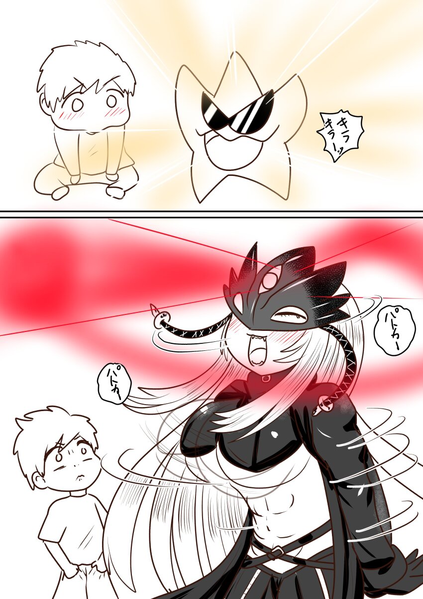 1boy 1girl abs absurdres beelstarmon before_and_after blush bouncing_breasts breasts digimon digimon_(creature) evolution highres jacket long_hair looking_at_another mask monochrome motion_lines name_connection navel okatanuki_(hsdp4852) open_clothes open_jacket pun size_difference smile starmon_(digimon_xros_wars) sunglasses surprised translation_request white_background