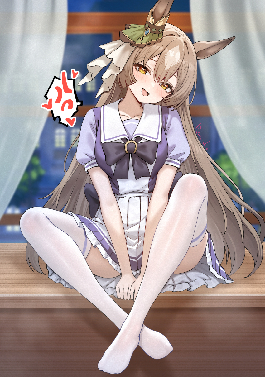 1girl absurdres anger_vein animal_ears between_legs blush bow bowtie breasts brown_eyes brown_hair commentary_request crossed_ankles curtains ear_ornament hair_between_eyes hand_between_legs head_tilt heart highres horse_ears horse_girl horseshoe_ornament long_hair looking_at_viewer multicolored_hair open_mouth pleated_skirt puffy_short_sleeves puffy_sleeves purple_bow purple_bowtie purple_shirt renard_(pixiv_13710050) sailor_collar satono_diamond_(umamusume) school_uniform shirt short_sleeves sitting skirt smile soles solo spoken_anger_vein streaked_hair thighhighs thighs tracen_school_uniform umamusume white_sailor_collar white_skirt white_thighhighs window