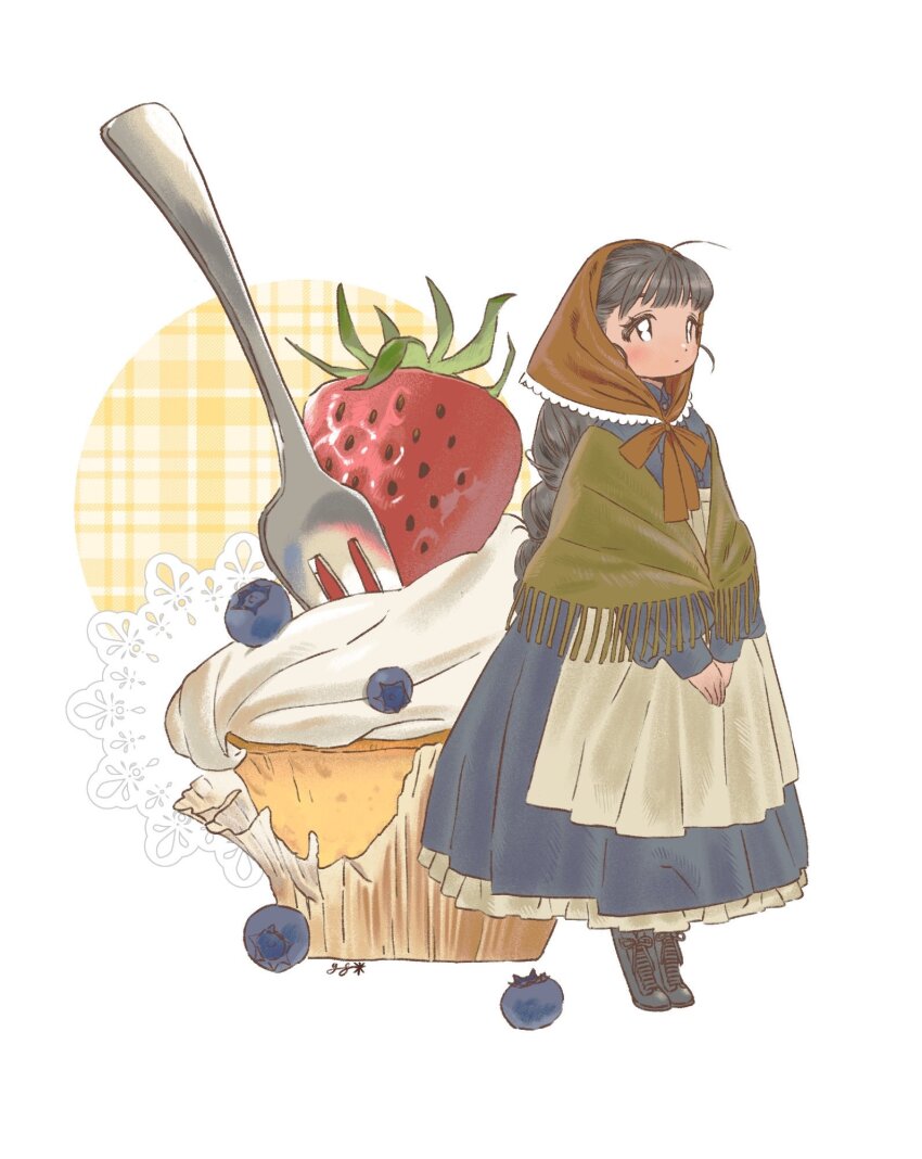 1girl apron black_eyes black_hair blueberry boots braid commentary cupcake dark-skinned_female dark_skin dress expressionless food fork frilled_dress frills fruit full_body gaengxgaeng headscarf highres lace-up_boots long_hair long_sleeves looking_up original oversized_food oversized_object own_hands_together shawl solo strawberry symbol-only_commentary very_long_hair