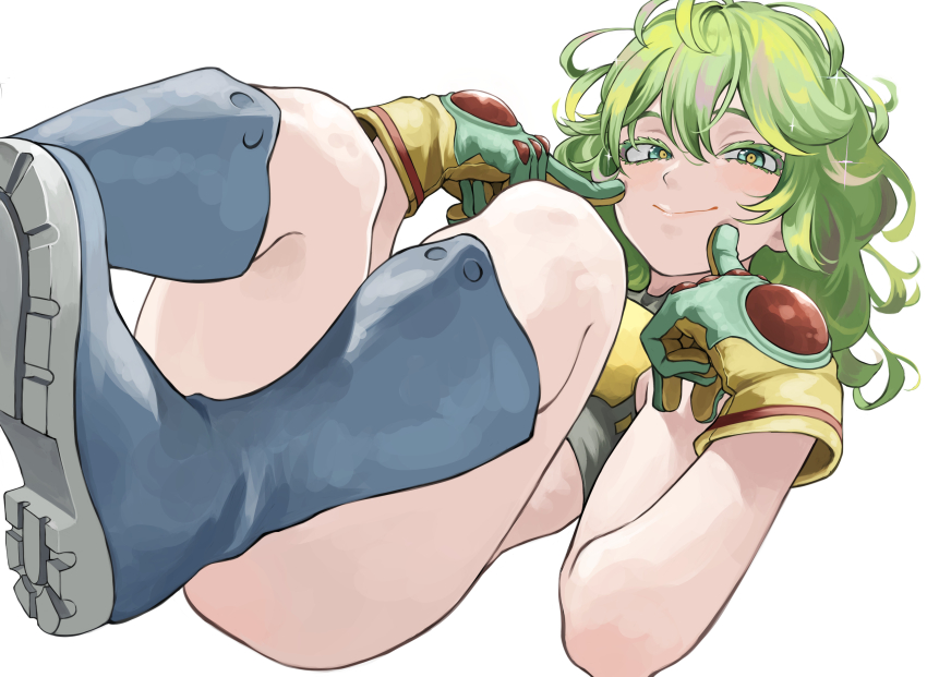 1girl absurdres blue_boots boku_no_hero_academia boots colored_eyelashes commentary_request fengling_(furin-jp) fingers_to_cheek gloves green_eyes green_gloves green_hair hagakure_toru hair_between_eyes highres legs_up long_hair looking_at_viewer lying on_back simple_background smile solo white_background