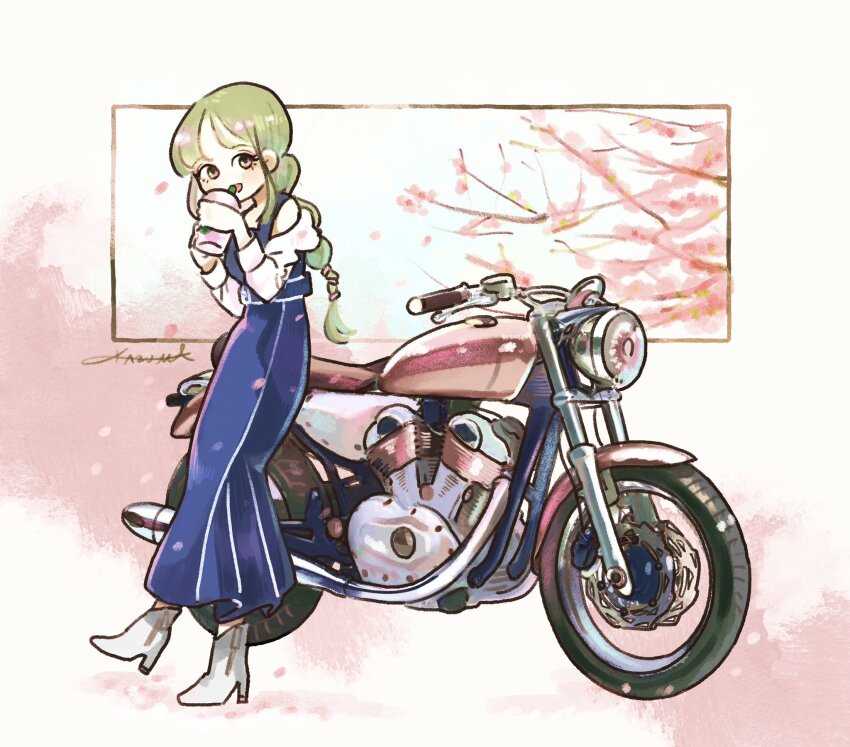 1girl blue_dress boots brown_eyes cherry_blossoms cup dress green_hair grey_boots hair_behind_ear high_heel_boots high_heels highres holding holding_cup kazuma_(dokurinngos2) long_hair looking_at_viewer motor_vehicle motorcycle off_shoulder open_mouth original shirt signature smile solo vehicle_focus white_shirt yamaha yamaha_xs-v1