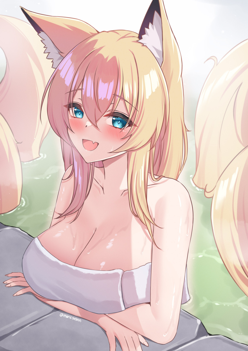1girl animal_ear_fluff animal_ears arms_under_breasts bathing blonde_hair blue_eyes blush breasts cleavage collarbone commentary commission english_commentary fang fox_ears fox_girl highres large_breasts long_hair maru.selinn multiple_tails naked_towel open_mouth original skin_fang solo tail towel twitter_username