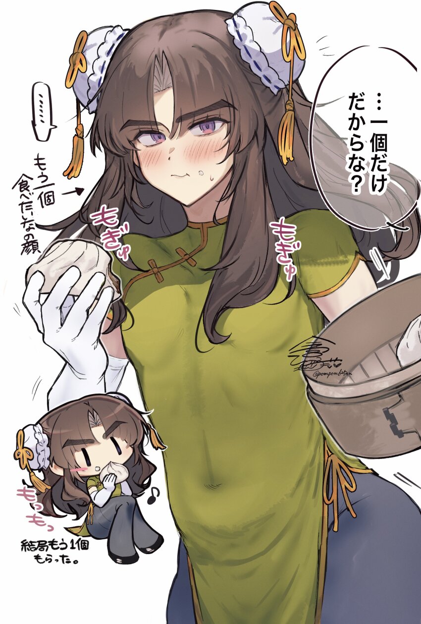 ... 1boy absurdres arrow_(symbol) ayase_ayato_(imamiya_pinoko) black_pants blush brown_hair bun_cover chibi china_dress chinese_clothes closed_mouth commentary_request covered_navel crossdressing crossdressing_(mtf) dress eighth_note elbow_gloves gloves green_dress highres imamiya_pinoko long_hair looking_at_viewer male_focus musical_note original pants parted_bangs purple_eyes simple_background solo speech_bubble spoken_ellipsis thick_eyebrows white_background white_gloves