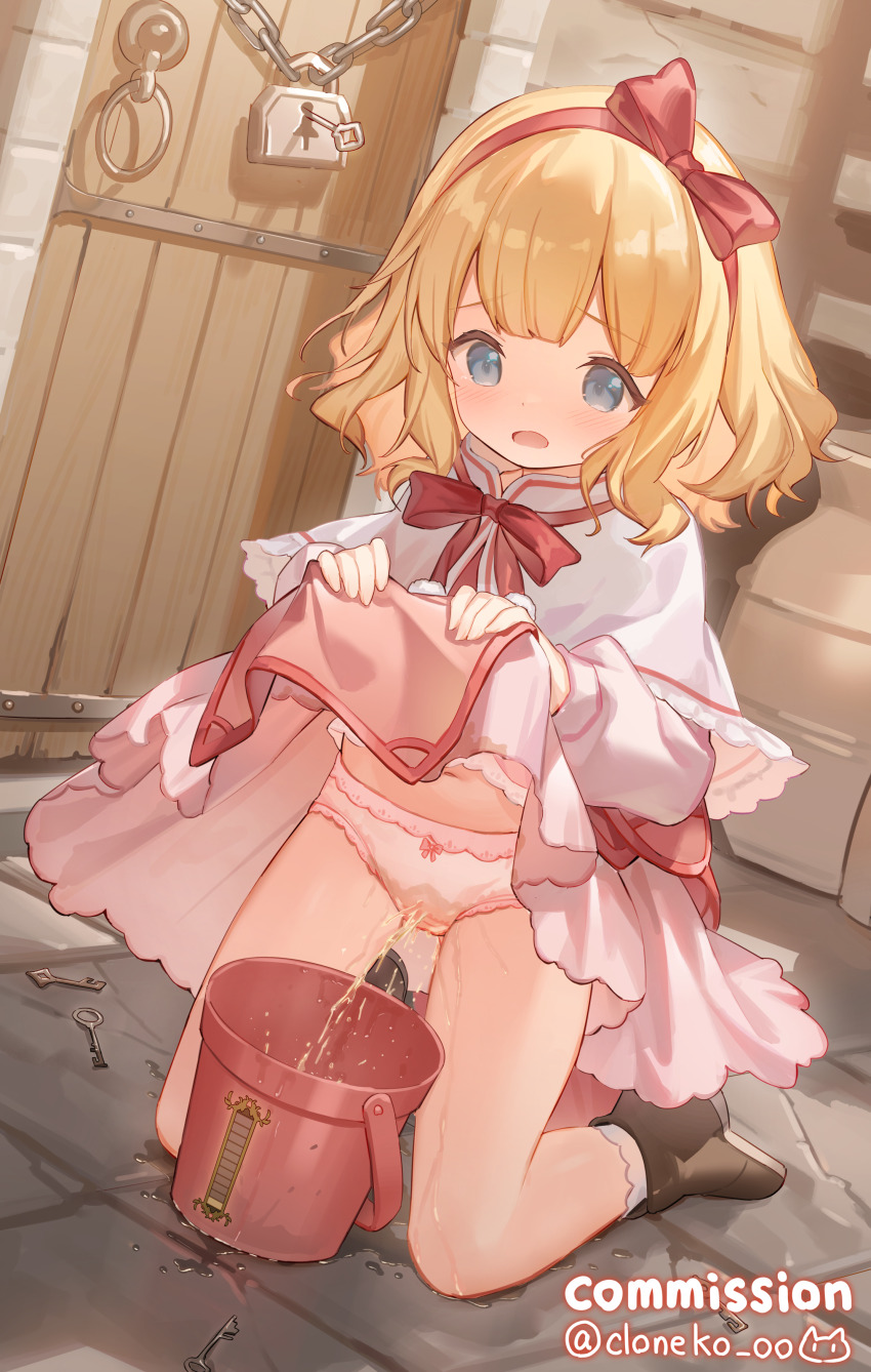 1girl absurdres artist_name black_boots blonde_hair blue_eyes blush boots bow bow_hairband bow_panties bucket capelet cloneko_(zelmeledf2) clothes_lift commentary_request commission dress dress_lift embarrassed hairband highres kneeling lifting_own_clothes loli long_sleeves looking_down maou_no_hajimekata_(dmm) marybelle medium_hair open_mouth paid_reward_available panties pee peeing peeing_self pink_dress puffy_long_sleeves puffy_sleeves red_bow red_hairband skeb_commission socks solo twitter_username underwear variant_set white_capelet white_panties white_socks