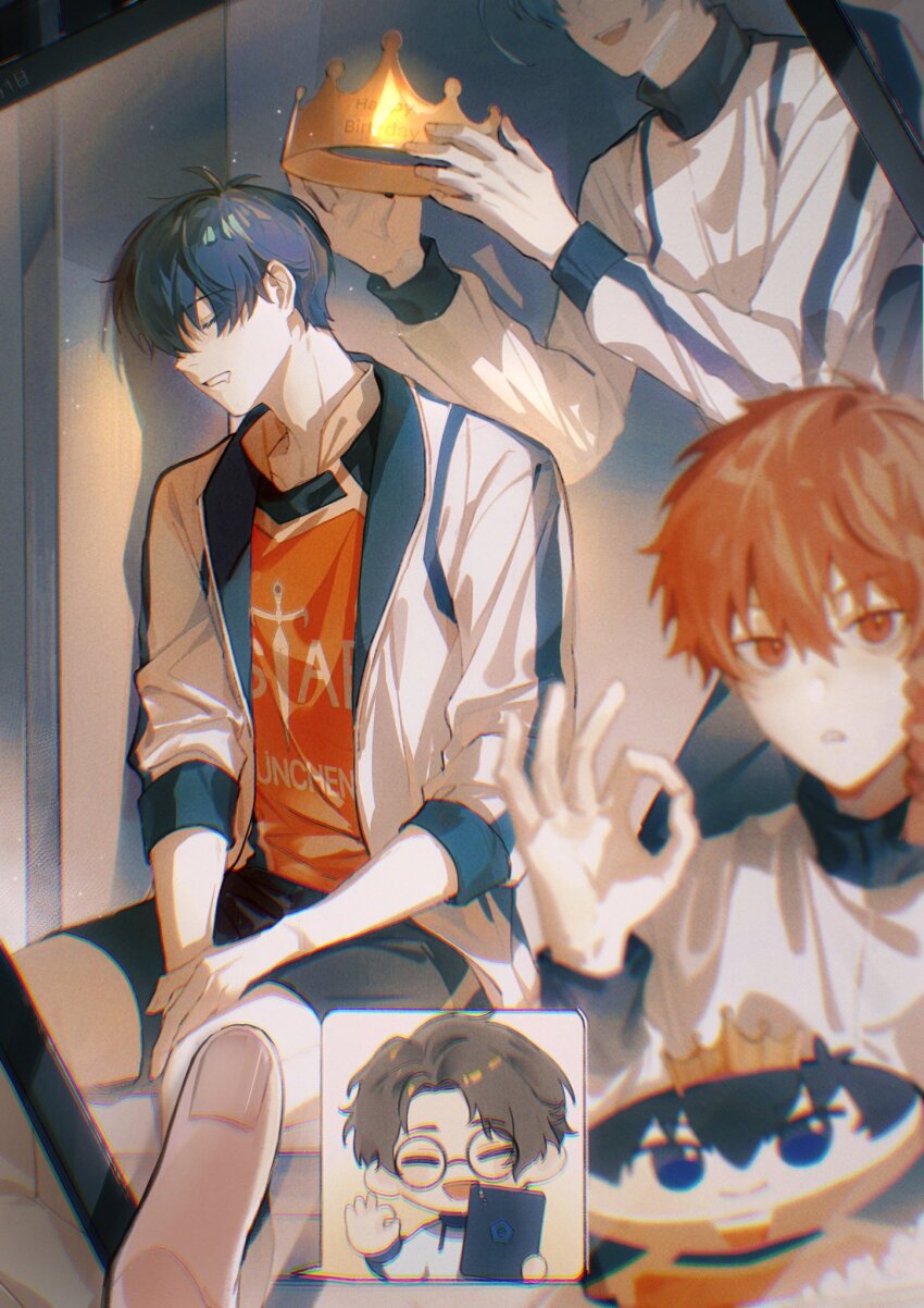 4boys bastard_munchen_soccer_uniform black_hair black_shorts blue_hair blue_lock blurry braid braided_sidelock brown_hair camera_view character_doll closed_eyes closed_mouth collared_shirt commentary crown doll double-parted_bangs eyes_out_of_frame glasses hair_between_eyes happy_birthday head_out_of_frame highres holding holding_crown holding_tablet_pc isagi_yoichi jacket kurona_ranze looking_at_viewer male_focus multiple_boys ok_sign open_clothes open_jacket open_mouth pcal_pcal red_eyes red_hair round_eyewear shirt short_hair shorts single_sidelock sitting sleeping soccer_uniform sportswear symbol-only_commentary tablet_pc taking_picture track_jacket you_hiori yukimiya_kenyu