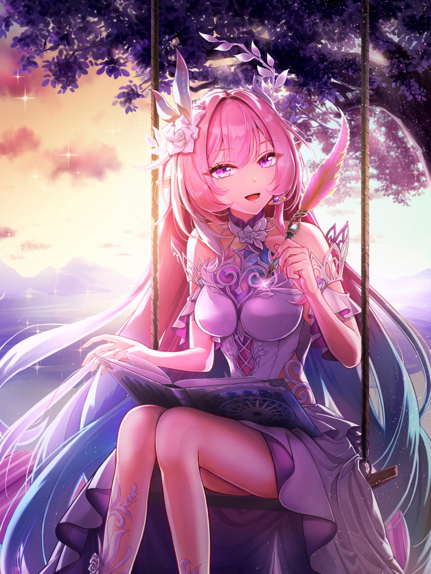 1girl absurdres aqua_hair bare_shoulders book breasts commentary_request cyrene_(demiurge)_(honkai:_star_rail) cyrene_(honkai:_star_rail) diamond-shaped_pupils diamond_(shape) dress highres holding holding_quill honkai:_star_rail honkai_(series) large_breasts long_hair looking_at_viewer multicolored_hair on_swing open_book pink_hair purple_eyes quill sky smile solo swing symbol-shaped_pupils tbtrasuka tree very_long_hair white_dress white_hair
