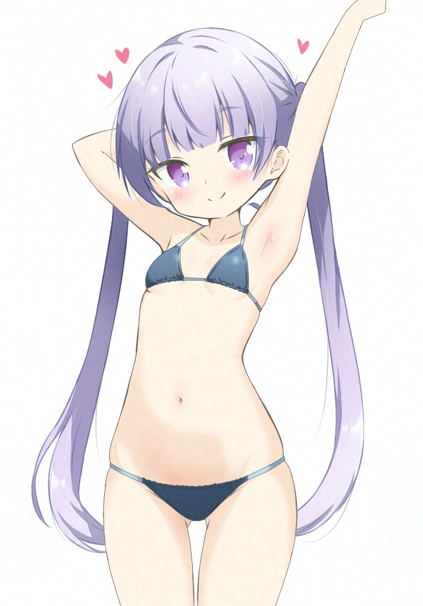 1girl arm_behind_head armpits bare_arms bikini blue_bikini blush breasts check_commentary collarbone commentary_request cowboy_shot dot_nose gluteal_fold heart highres hitorilily long_hair looking_at_viewer navel new_game! purple_eyes purple_hair simple_background small_breasts smile solo stomach stretching suzukaze_aoba swimsuit twintails white_background