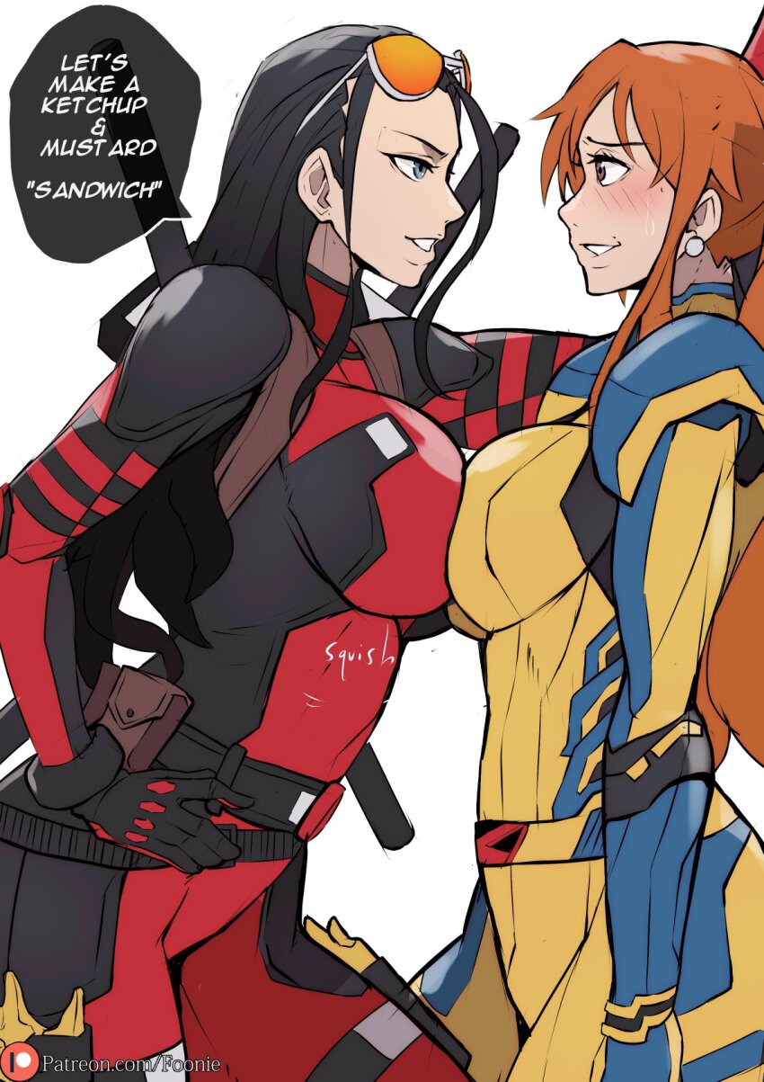 2girls black_hair blush bodysuit breast_press breasts cosplay deadpool deadpool_&amp;_wolverine deadpool_(cosplay) deadpool_(series) english_text flirting funi_xd hand_on_own_hip highres long_hair looking_at_another marvel multicolored_bodysuit multiple_girls nami_(one_piece) nico_robin one_piece orange_hair smile speech_bubble sunglasses_on_head sword sword_on_back symmetrical_docking two-tone_bodysuit weapon weapon_on_back wolverine_(x-men) wolverine_(x-men)_(cosplay) yuri