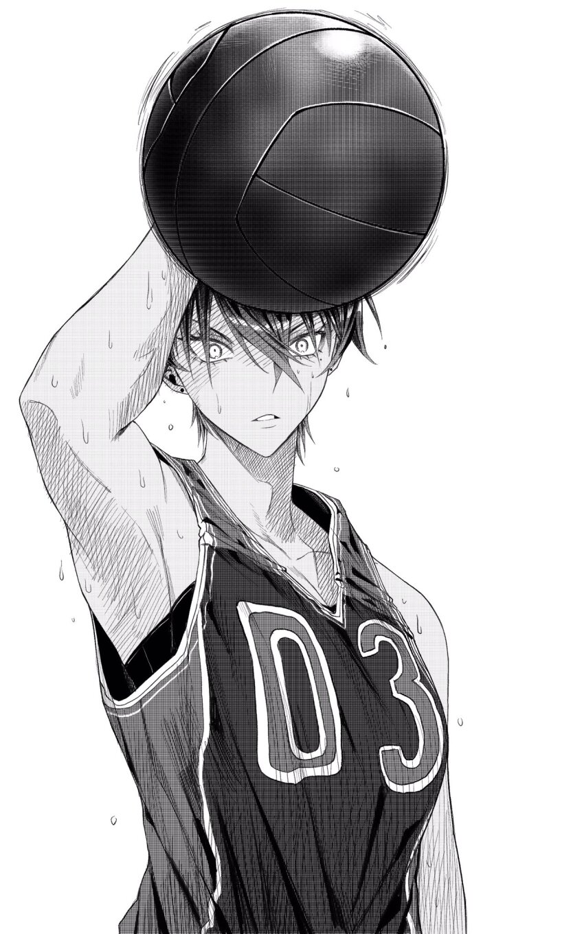 1girl arm_up armpits ball bare_shoulders basketball_(object) basketball_uniform breasts collarbone commentary dark-skinned_female dark_skin earrings hair_between_eyes highres holding holding_ball jewelry looking_to_the_side may_(ulularts) original parted_lips short_hair simple_background solo sportswear stud_earrings sweat symbol-only_commentary tank_top tomboy ulularts upper_body white_background