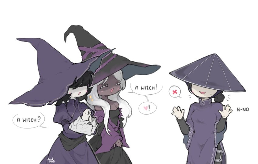 ! 3girls aniimoni1 arms_up black_dress black_hair black_hat colored_skin commentary company_connection covered_eyes dark-skinned_female dark_skin dark_souls_(series) dark_souls_ii dress elden_ring elden_ring_nightreign english_commentary english_text fromsoftware hat heart multiple_girls purple_dress purple_hat recluse_(elden_ring) rice_hat spoken_exclamation_mark spoken_heart spoken_x standing sweat the_duskbloods white_background white_skin witch witch_hat zullie_the_witch