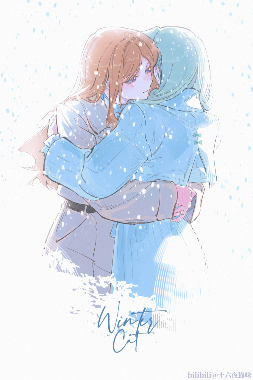 2girls absurdres bang_dream! bang_dream!_it's_mygo!!!!! blue_coat blue_eyes brown_hair coat commentary green_hair grey_coat highres huaxue_maomi hug long_hair long_sleeves multiple_girls nagasaki_soyo sidelocks snow wakaba_mutsumi white_background yuri