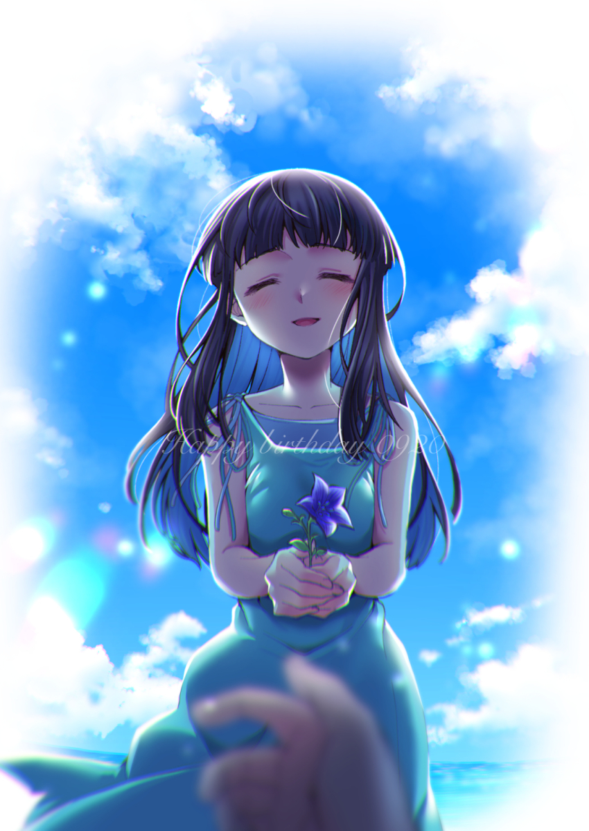 1boy 1girl black_hair blurry chromatic_aberration closed_eyes commentary_request dated day depth_of_field dress facing_viewer flower happy_birthday hazama_shouko highres holding holding_flower long_hair makabe_kazuki nagi_(exsit00) sky sleeveless sleeveless_dress smile solo_focus soukyuu_no_fafner violet_(flower)