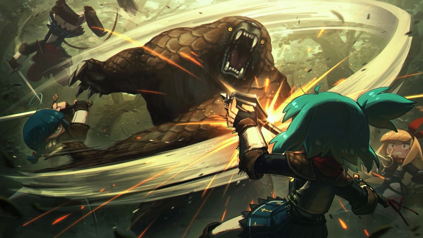 4girls absurdres animal_ears armor battle black_gloves blonde_hair blue_eyes blue_hair commentary cyclops edda_(porforever) english_commentary fangs fingerless_gloves gloves green_hair hair_ribbon highres holding holding_mace holding_sword holding_weapon leather_armor mace monster mouse_ears mouse_girl mouse_tail multiple_girls one-eyed original porforever red_ribbon relica_(porforever) ribbon sharp_teeth shoulder_armor side_ponytail sword tail teeth vambraces weapon