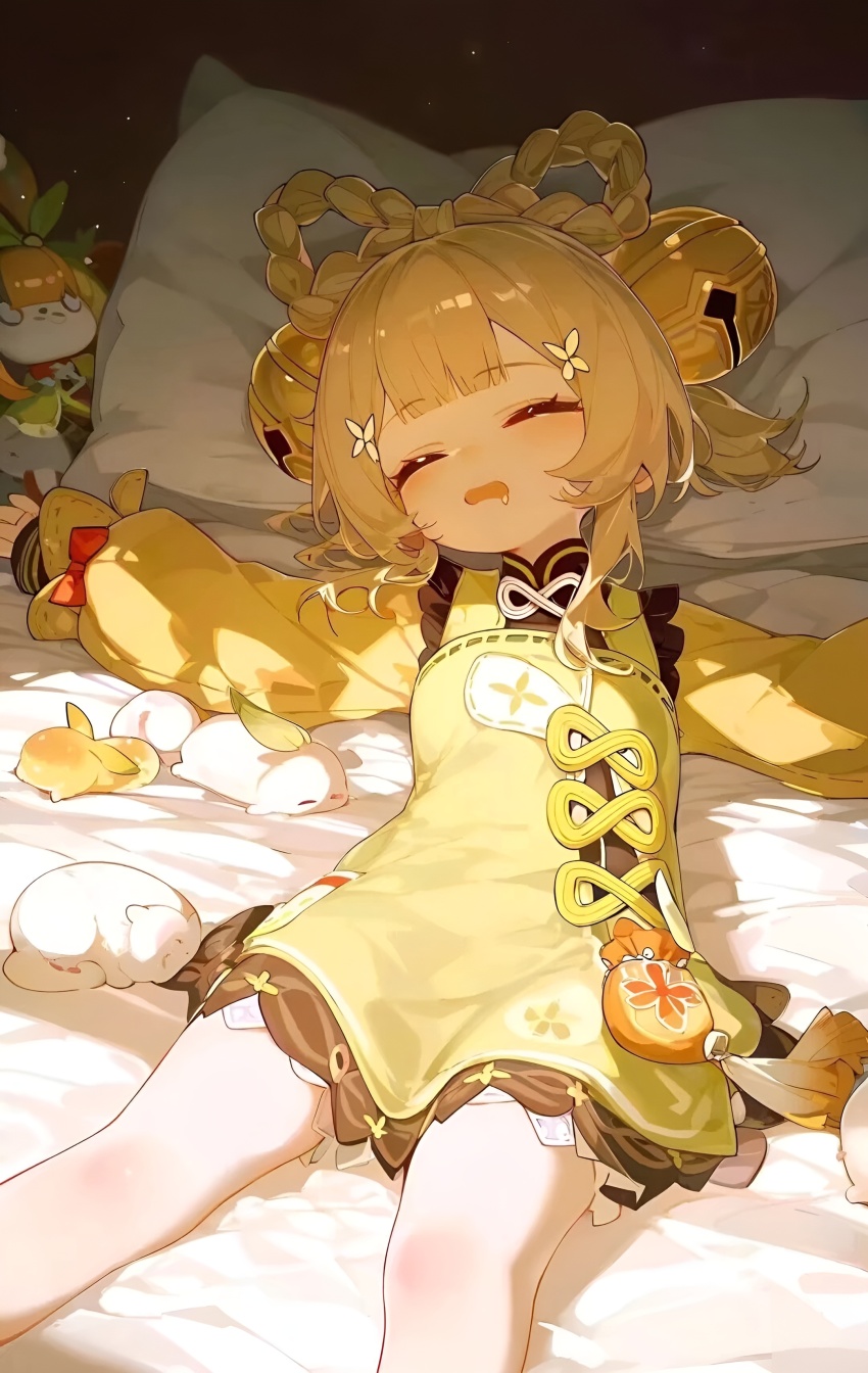 1girl absurdres ai-generated apron bell black_skirt bow bow-shaped_hair closed_eyes genshin_impact green_apron hair_bell hair_ornament highres light_brown_hair long_sleeves mandarin_collar medium_hair on_bed open_mouth outstretched_arms oyama_mashiro pillow pouch red_bow saliva sidelocks skirt sleeping solo spread_arms x_hair_ornament yaoyao_(genshin_impact)