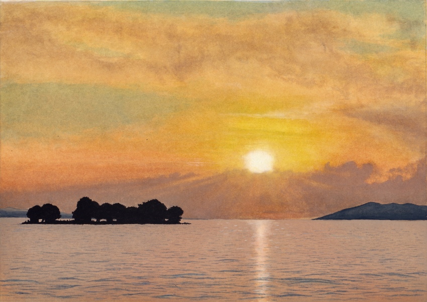 absurdres cloud colorful commentary evening highres island kei_(pixiv_123201931) lake landscape no_humans orange_sky original outdoors painting_(medium) scenery silhouette sky sunset traditional_media tree water watercolor_(medium)